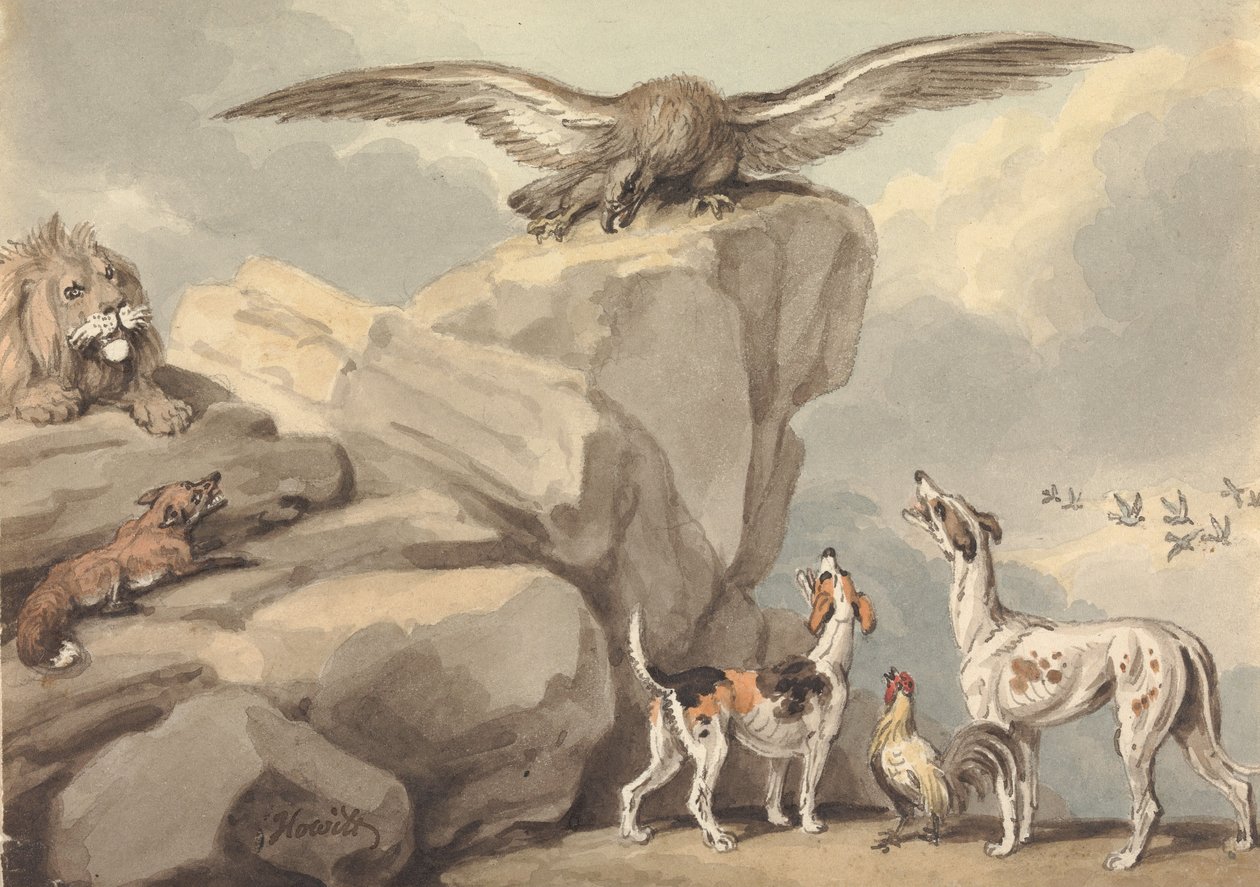 Un aigle perché sur un rocher ; un lion, un renard, deux chiens de chasse et un coq (probablement pour les « Fables d