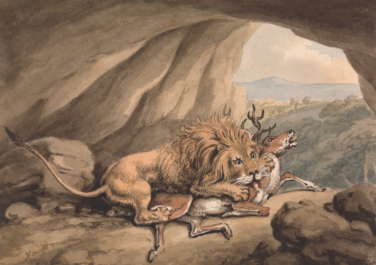 Lion attaquant un cerf - Samuel Howitt