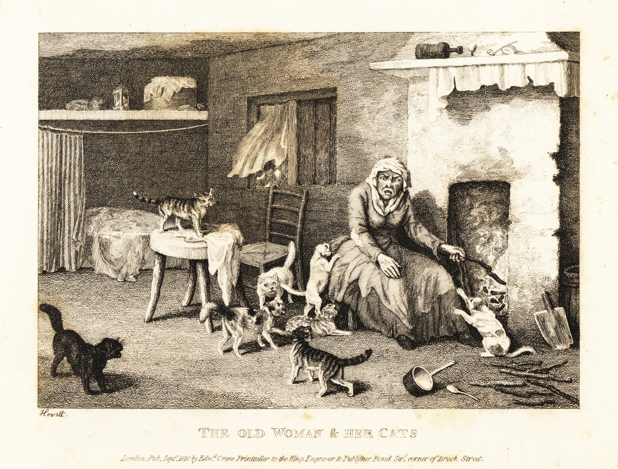 Vieille sorcière assise au foyer dans une masure entourée de chats. 1811 (eau-forte) - Samuel Howitt