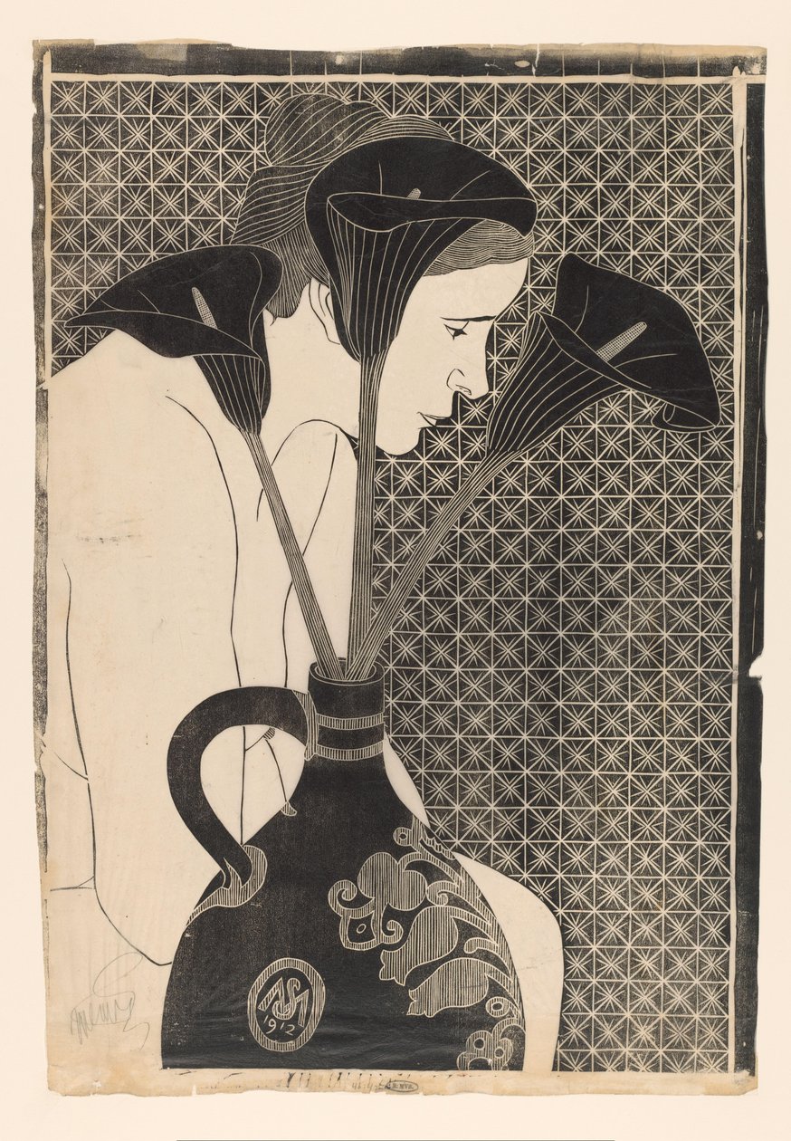 Nu féminin derrière un vase avec des arums noirs - Samuel Jessurun de Mesquita (signed by artist)
