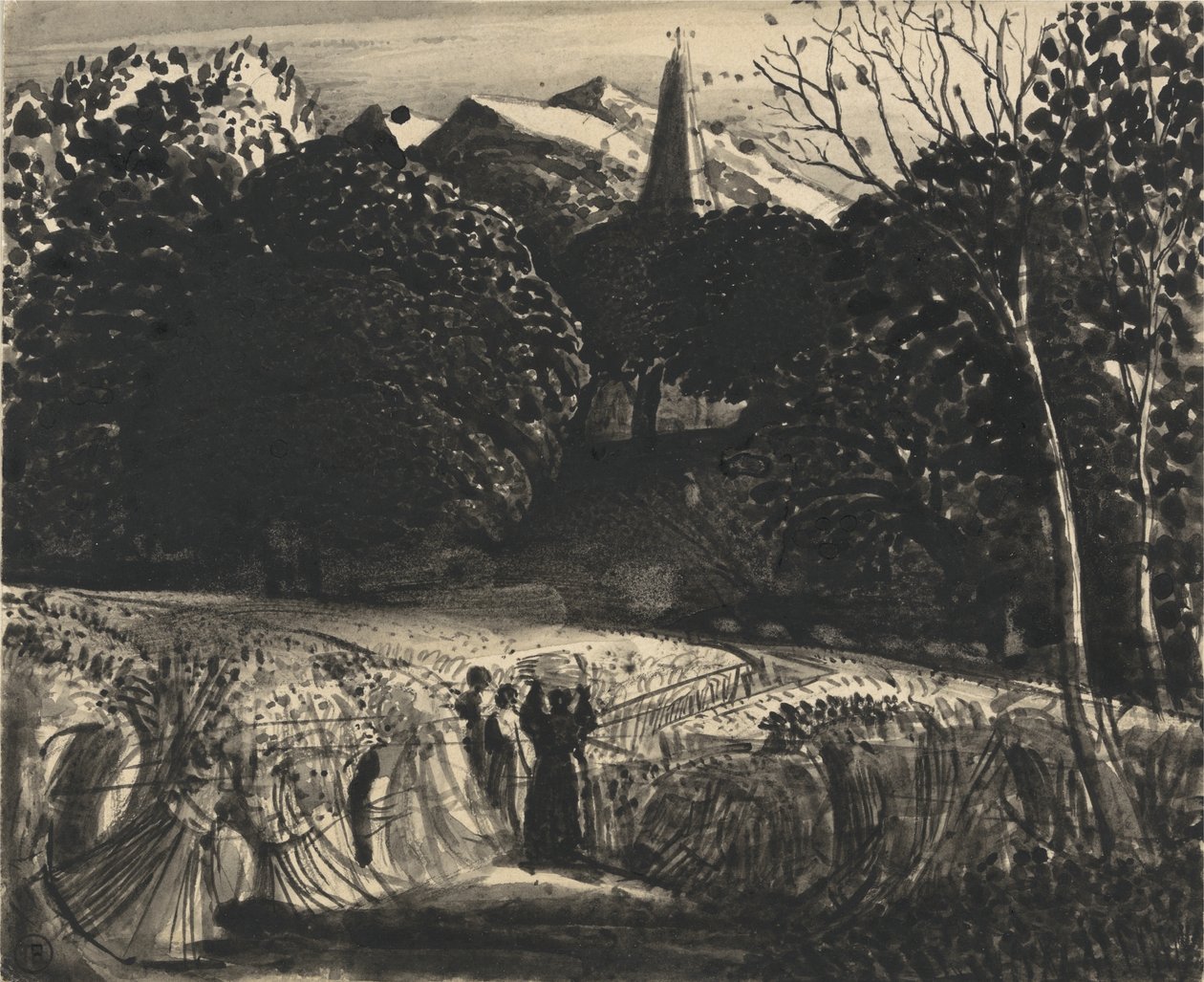 Champ de maïs et église au clair de lune - Samuel Palmer