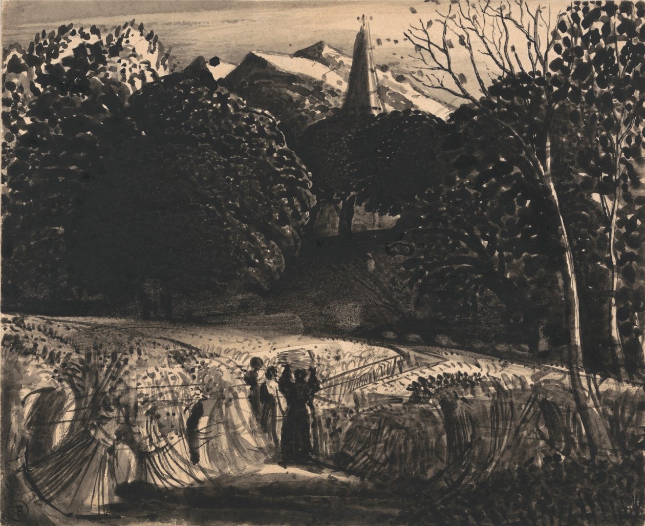 Champ de maïs et église au clair de lune - Samuel Palmer
