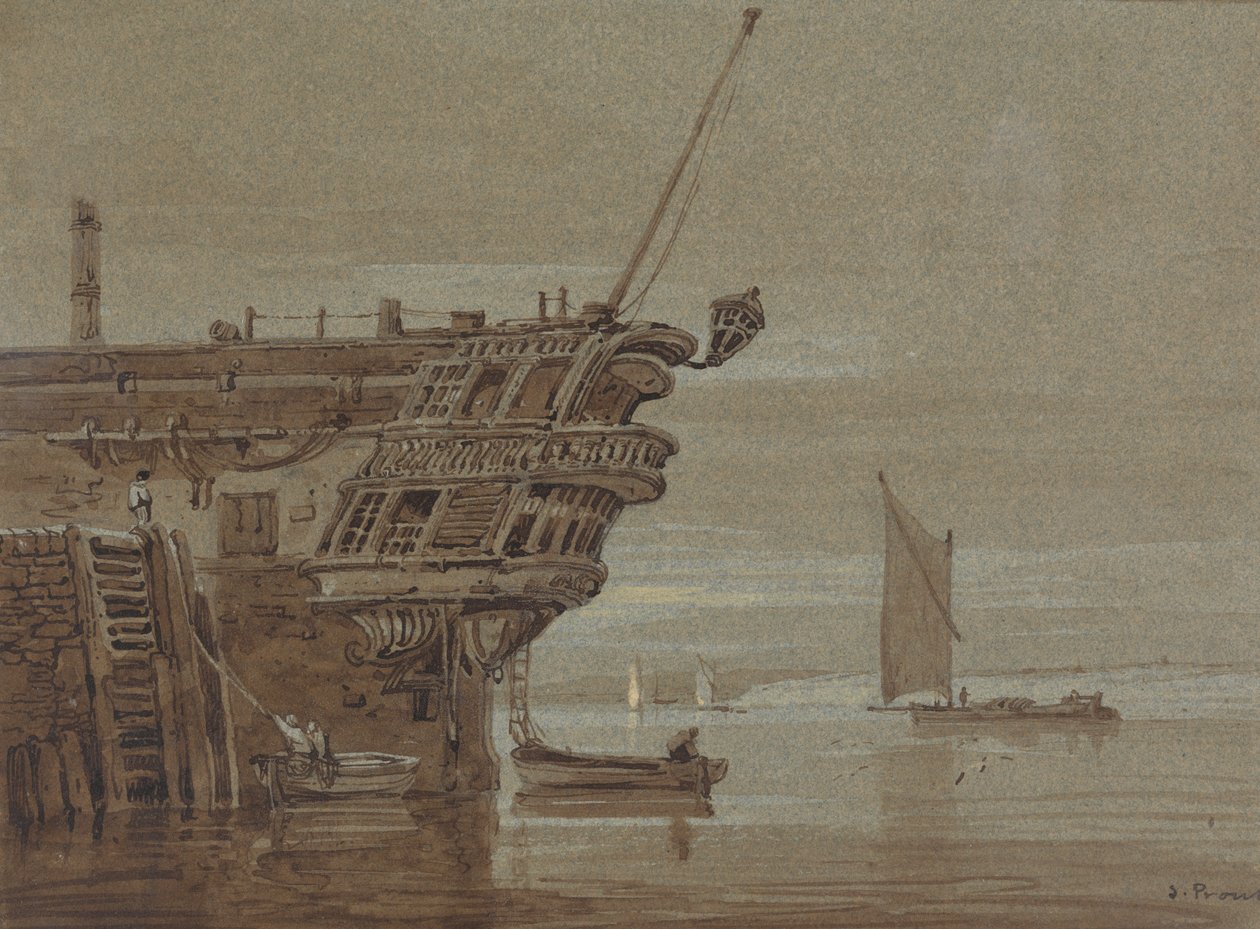 Un navire des Indes orientales amarré, petits bateaux à côté, autres bateaux plus loin - Samuel Prout