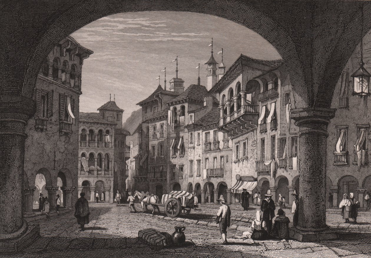 Vue de la place du marché à Domodossola, Piémont, Italie, gravure sur acier d