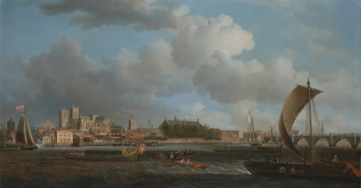 Westminster depuis Lambeth, avec la barge cérémoniale de la Ironmongers Company - Samuel Scott