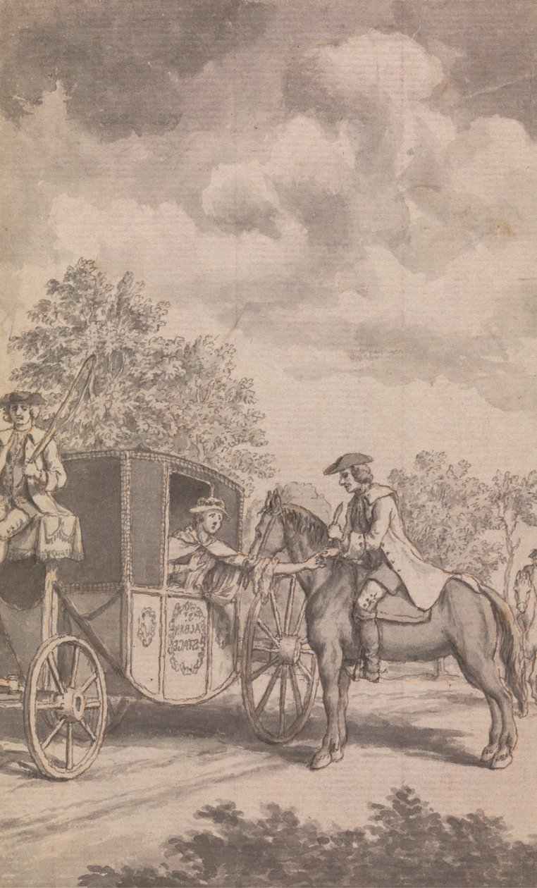 Illustration du Newgate Calendar : Raby trouvant une bague de femme difficile à retirer, coupe son doigt, près de Finchley - Samuel Wale