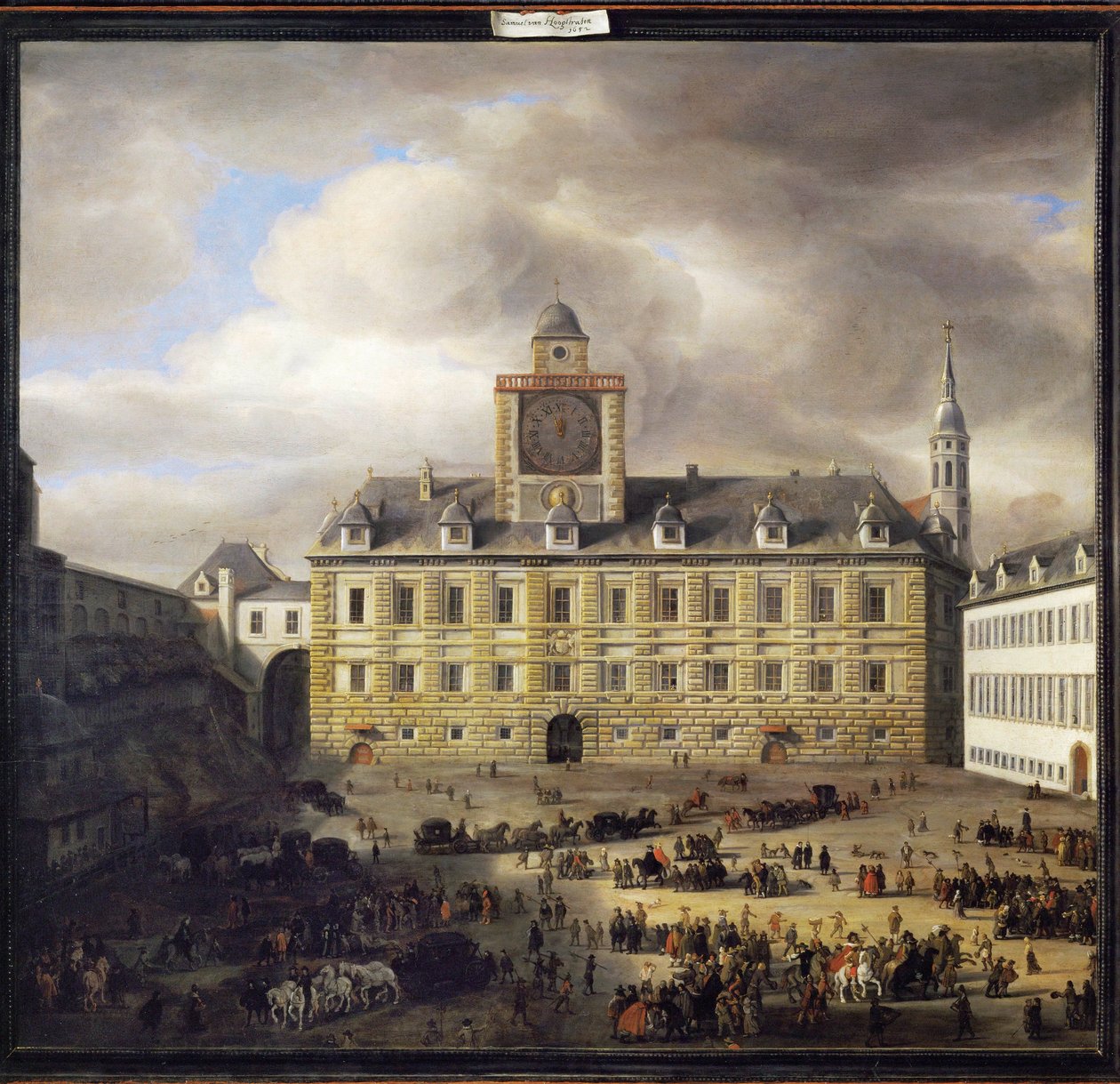 La place intérieure du château à Vienne (painting on oakwood) - Samuel van Hoogstraten