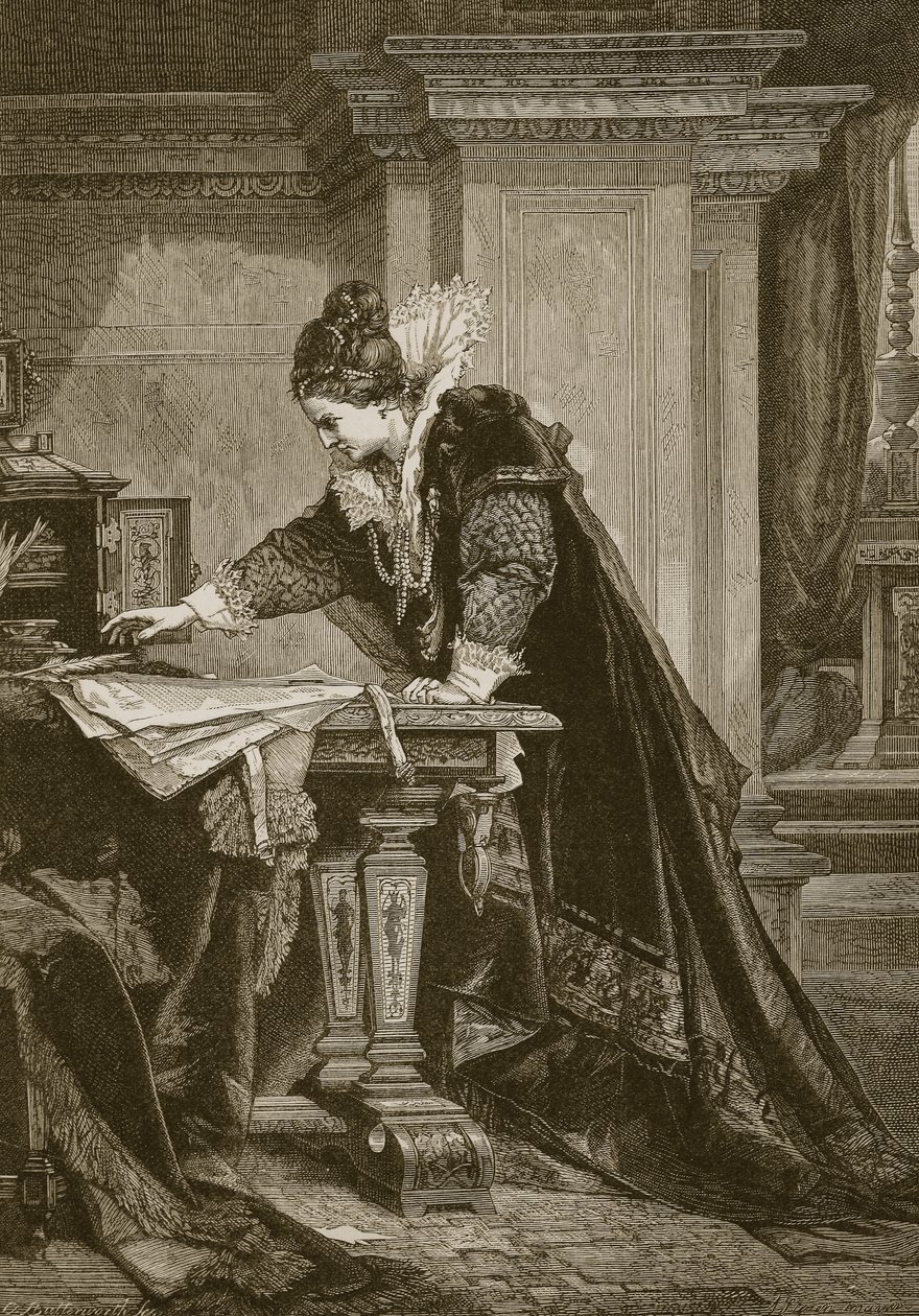 La reine Elizabeth signant le mandat de mort de Marie Stuart, gravé par C. Butterworth - Sandor Liezen Meyer
