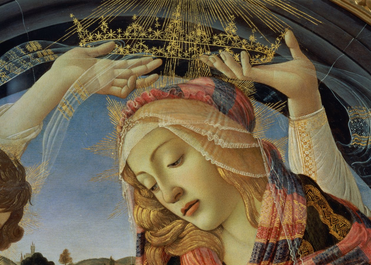 La Madone du Magnificat, détail du visage et de la couronne de la Vierge - Sandro Botticelli
