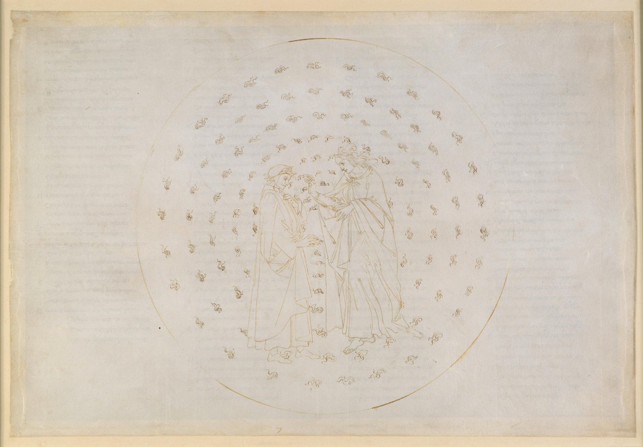 La Divine Comédie, Paradis VII. Deuxième sphère planétaire (ciel de Mercure) : Béatrice initie Dante aux questions complexes de la justice divine, du péché originel et de la rédemption par la mort du Christ - Sandro Botticelli