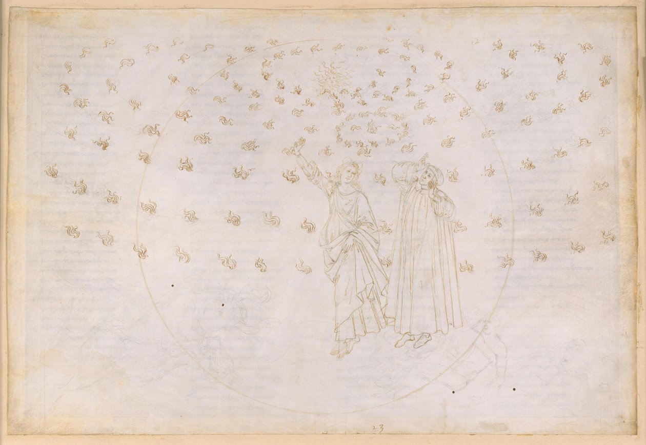 La Divine Comédie, Paradis XXIII. Huitième sphère (ciel des étoiles fixes) : vision du triomphe du Christ ; Dante voit Béatrice sous ses véritables traits ; la danse de Marie et les douze apôtres - Sandro Botticelli