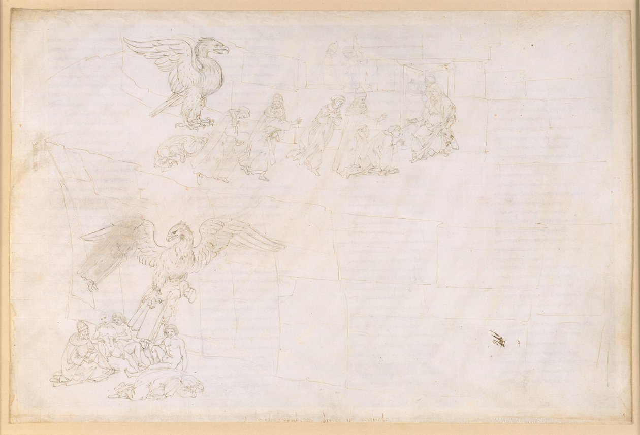 La Divine Comédie, Purgatoire IX. Avant-purgatoire : zone centrale et terrasse de la porte : le rêve de Dante ; devant la porte du Purgatoire - Sandro Botticelli