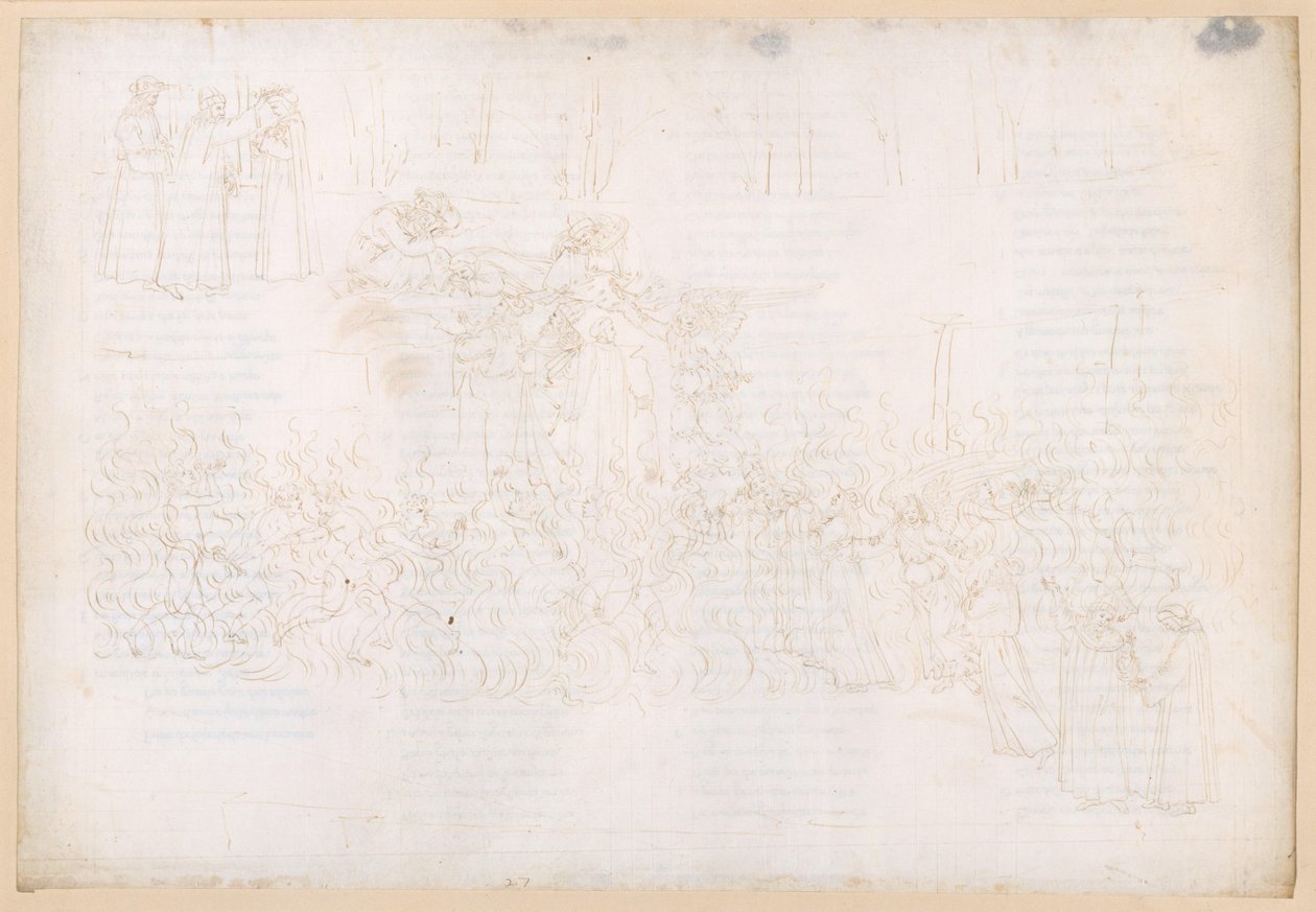 La Divine Comédie, Purgatoire XXVII. Ascension vers le Paradis terrestre : le passage à travers le feu ; rêve sur les marches du Paradis terrestre ; le couronnement de Dante - Sandro Botticelli