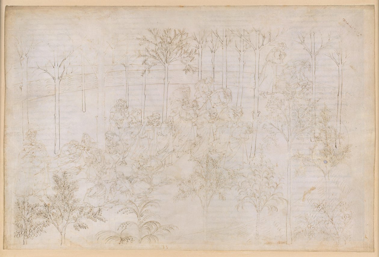 La Divine Comédie, Purgatoire XXXIII. Le Paradis terrestre : Béatrice au sein du cercle des vertus ; le départ ; le bain de Dante dans le fleuve Eunoe - Sandro Botticelli