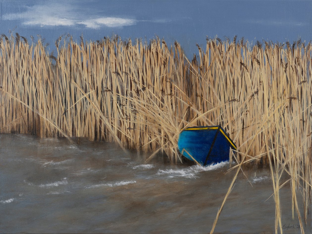 Bateau dans les roseaux, 2021 (acrylique sur toile) - Sandy Iseli