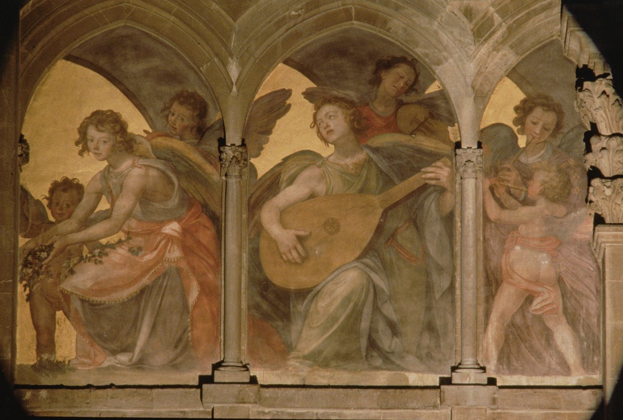 Anges musiciens dans un cloître en trompe-l