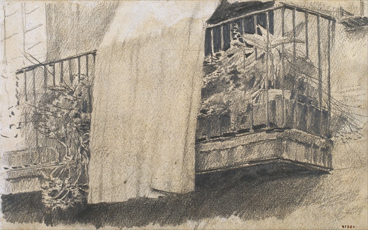 Balcon avec fleurs et rideau - Santiago Rusiñol