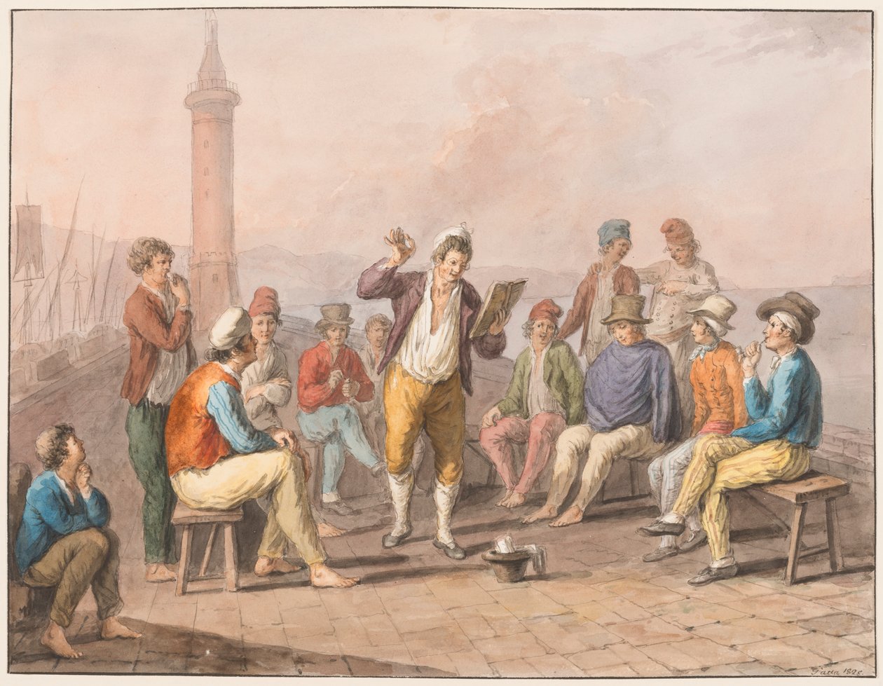 Aquarelle ; Rinaldo Rinaldini récite sur la jetée - Saverio della Gatta