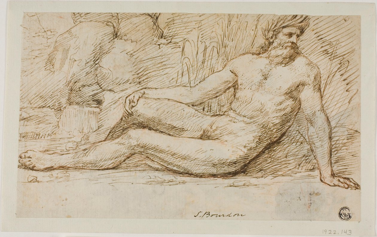 Dieu de la rivière (recto) ; Esquisses de deux têtes masculines (verso) - Sébastien Bourdon