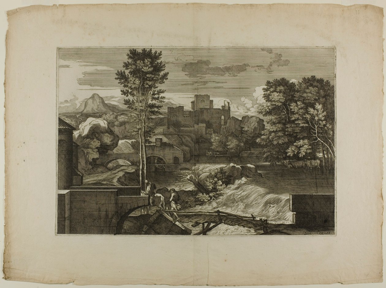 Cascade à un pont de pierre, avec château au loin - Sébastien Bourdon