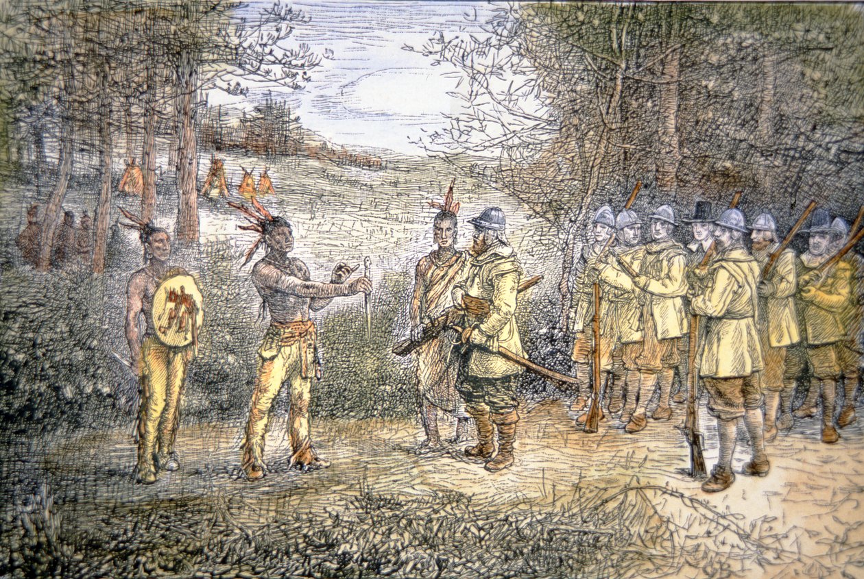 Le capitaine Miles Standish échange avec les Indiens Wampanoag en 1621 - School American