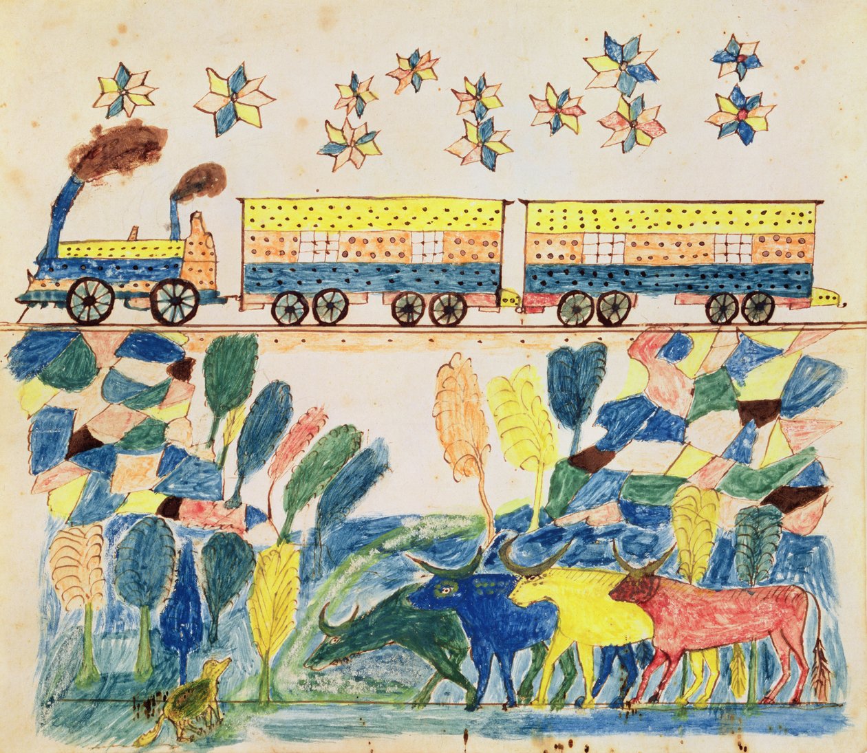 Train de marchandises et paysage avec du bétail - School American