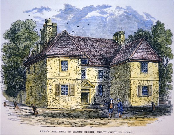 Résidence de William Penn dans Second Street, en dessous de Chestnut Street, Philadelphie (lithographie en couleur) - School American