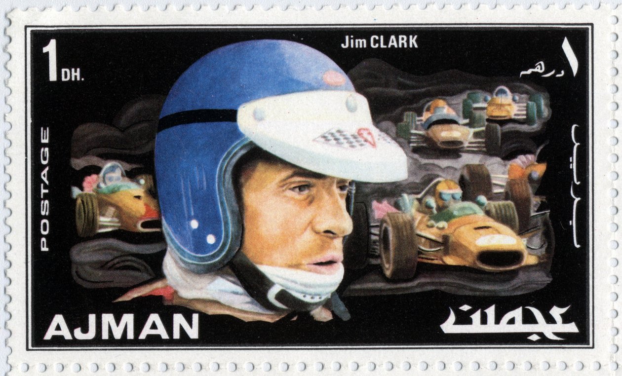 Timbre des Émirats Arabes Unis représentant le pilote automobile écossais Jim Clark (1936-1968) - School Arabic