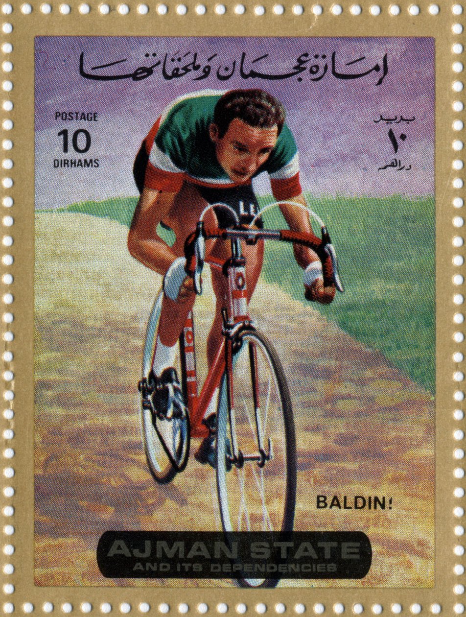 Timbre des Émirats représentant le cycliste Ercole Baldini (né en 1933). - School Arabic