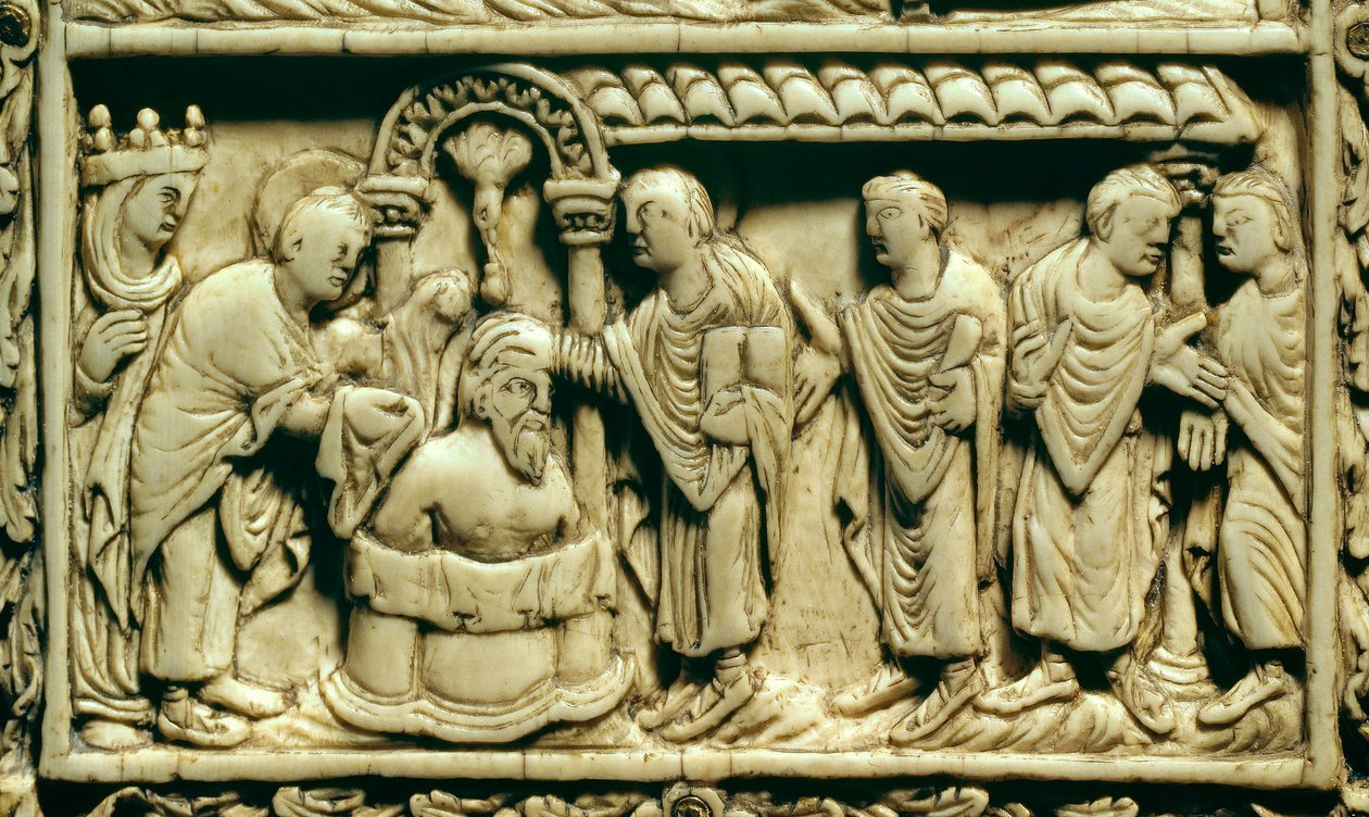 Art carolingien : détail : le baptême de Clovis I (466-511) en présence de la reine Clotilde le 25/12/498. 9e siècle. Amiens, Musée de Picardie - School Carolingian