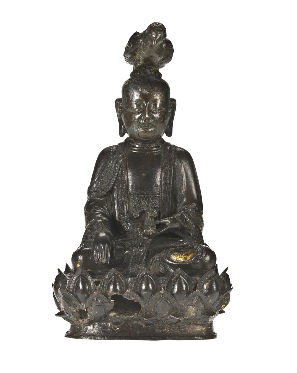 Figure de Guanyin, la déesse chinoise de la miséricorde assise sur une base en forme de lotus avec un corbeau perché sur sa tête et un lapin reposant dans sa main gauche - School Chinese