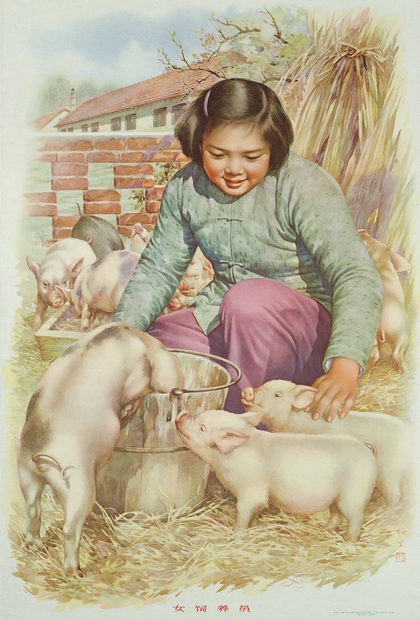 Éleveuse de porcs, affiche de propagande de la Révolution culturelle chinoise - School Chinese