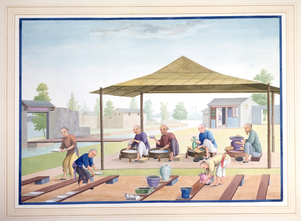 Ouvriers appliquant les glaçures, vers 1825 (gouache sur papier) - School Chinese