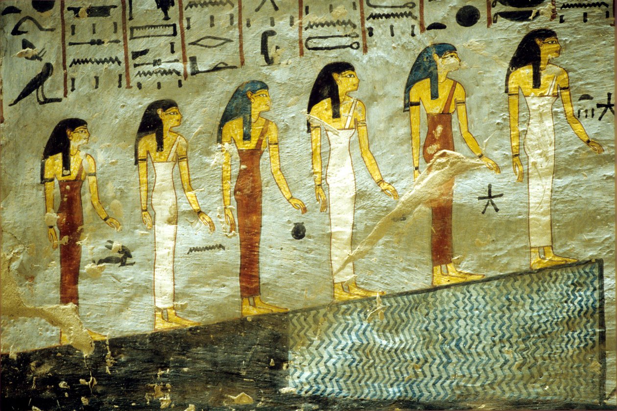 Égypte ancienne, peinture, tombe de Ramsès I, Thèbes, six déesses représentant les six premières heures de la nuit, montant une montagne sous laquelle se trouve un étang - School Egyptian