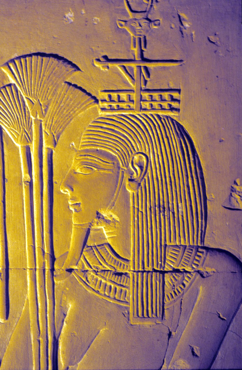 Égypte ancienne, peinture murale, Le dieu du Nil apporte des offrandes de fleurs de lotus, Temple de Séthi Ier, Abydos - School Egyptian