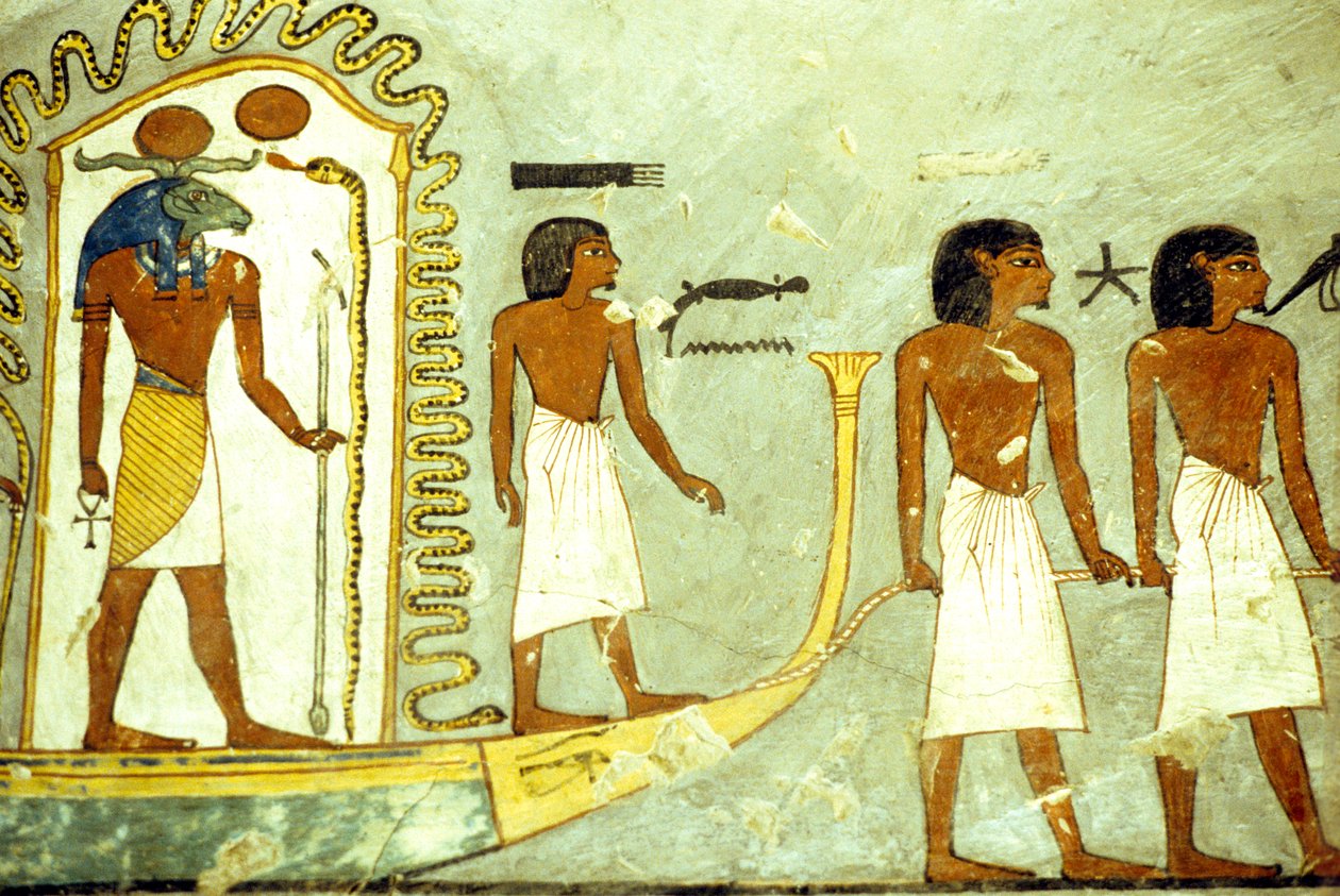 Égypte ancienne, Peinture/sculpture murale, Voyage à travers le monde souterrain, bateau tiré par des hommes, Tombe de Ramsès I, Thèbes - School Egyptian