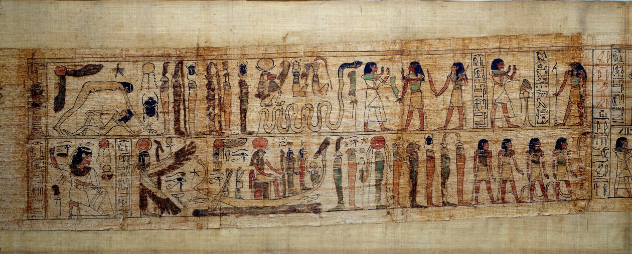 Art égyptien ancien Papyrus mythologique de Serimen. En haut : lors de la création du monde, le dieu Geb (Terre) est séparé de la déesse Nout (ciel); dieux et génies de l
