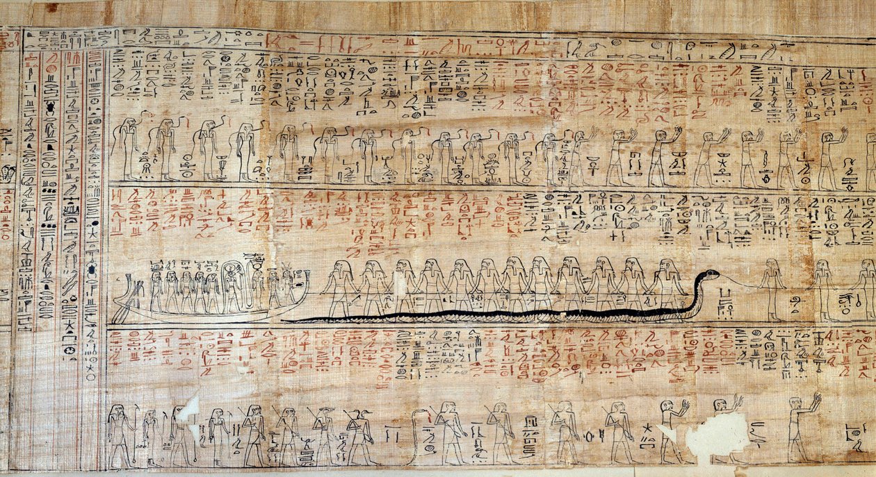 Antiquité égyptienne : Papyrus tiré du Livre des Demeures Secrètes. Ce livre est une représentation commentée du voyage souterrain du soleil pendant les douze heures de la nuit. D