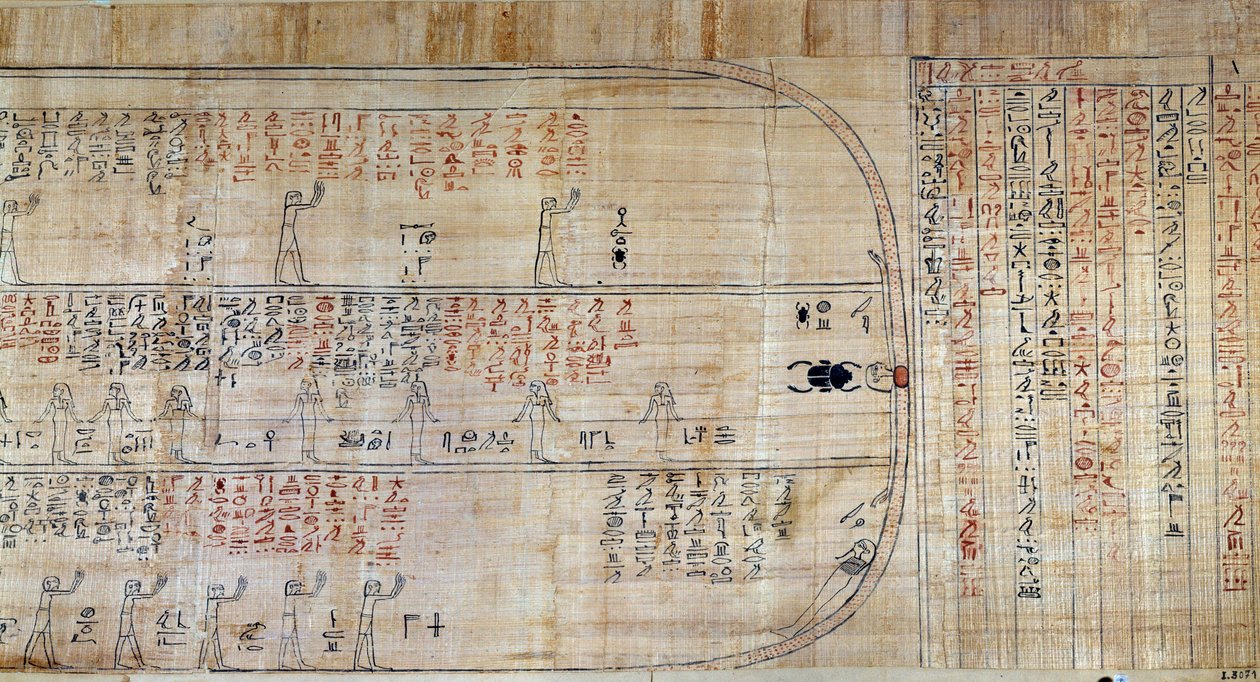 Antiquité égyptienne : Papyrus tiré du Livre des Demeures Secrètes. Ce livre est une représentation commentée du voyage souterrain du soleil pendant les douze heures de la nuit. D