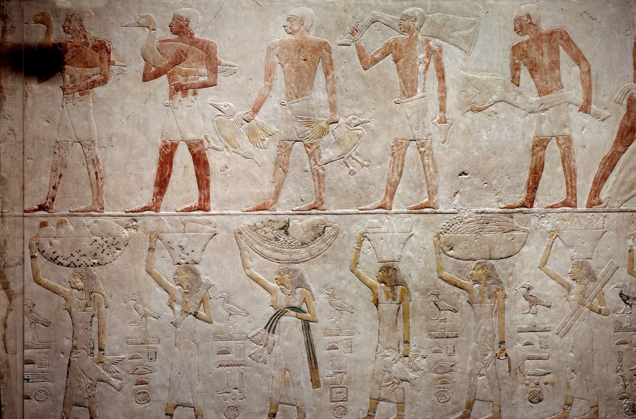 Antiquité égyptienne : hommes portant des canards. Relief en calcaire de la chapelle de la mastaba d