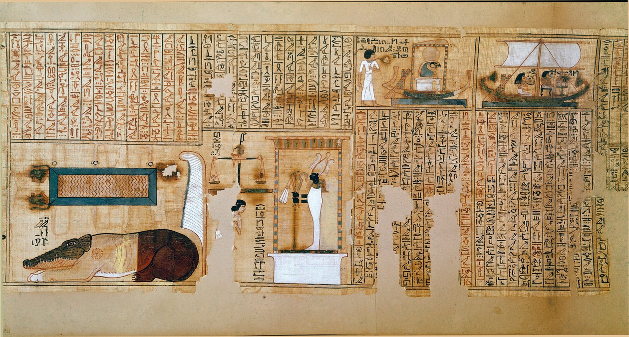 Antiquités égyptiennes : fragment du Livre des Morts, papyrus de Nebqed. Détail représentant la pesée des âmes. 18e dynastie. 1400-1350 av. J.-C. Paris, Musée du Louvre - School Egyptian