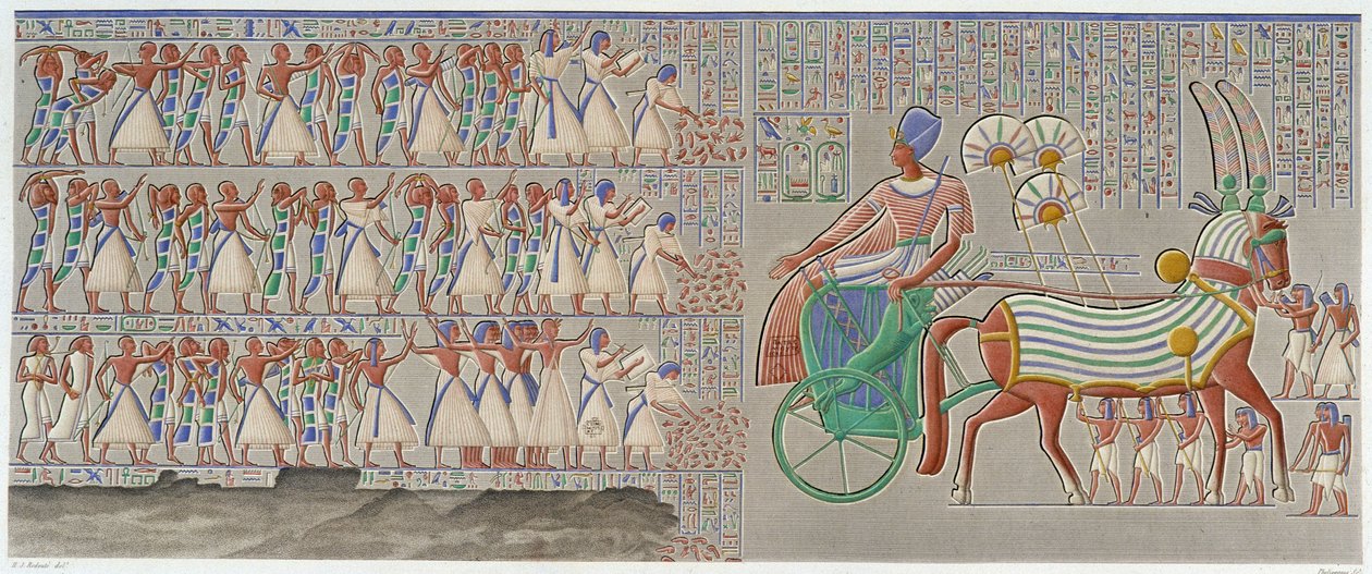 Thèbes, Medynet-Abu : bas-relief coloré, sculpté dans la galerie sud du péristyle du palais - dans « Antiquités égyptiennes », T.II - School Egyptian