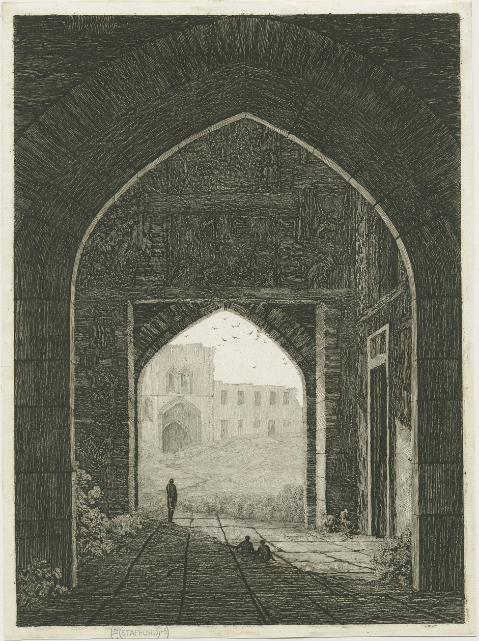Château de Dudley - Corps de garde et porte nord : eau-forte, nd [?19e siècle] (impression) - School English
