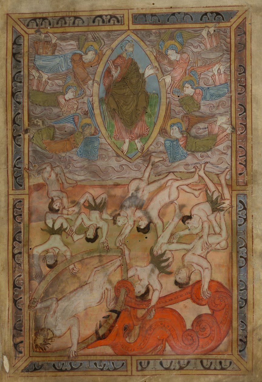 Genèse, Ancien Hexateuque anglais, Cotton MS Claudius B IV f.2r, vers 1025-1200 (encre sur parchemin) - School English