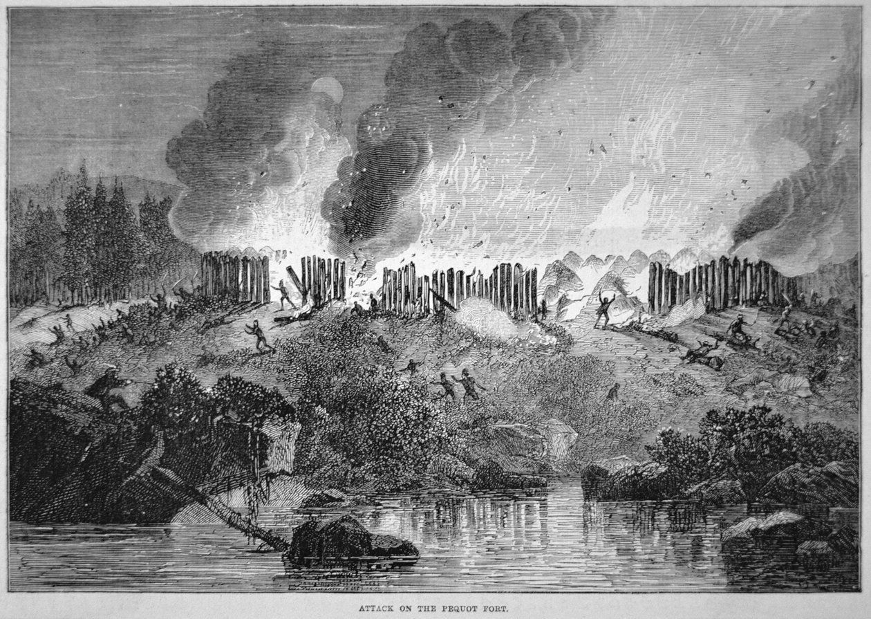 Les colons blancs de la Nouvelle-Angleterre attaquent le fort indien Pequot pendant la guerre des Pequot de 1637 - School English