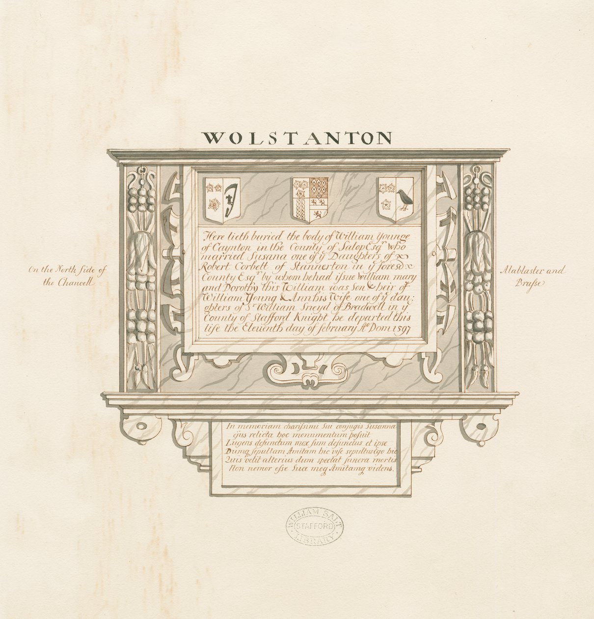 Église de Wolstanton - Monument mural à William Yonge de Caynton : dessin à la plume et au lavis, nd [?19e siècle] - School English