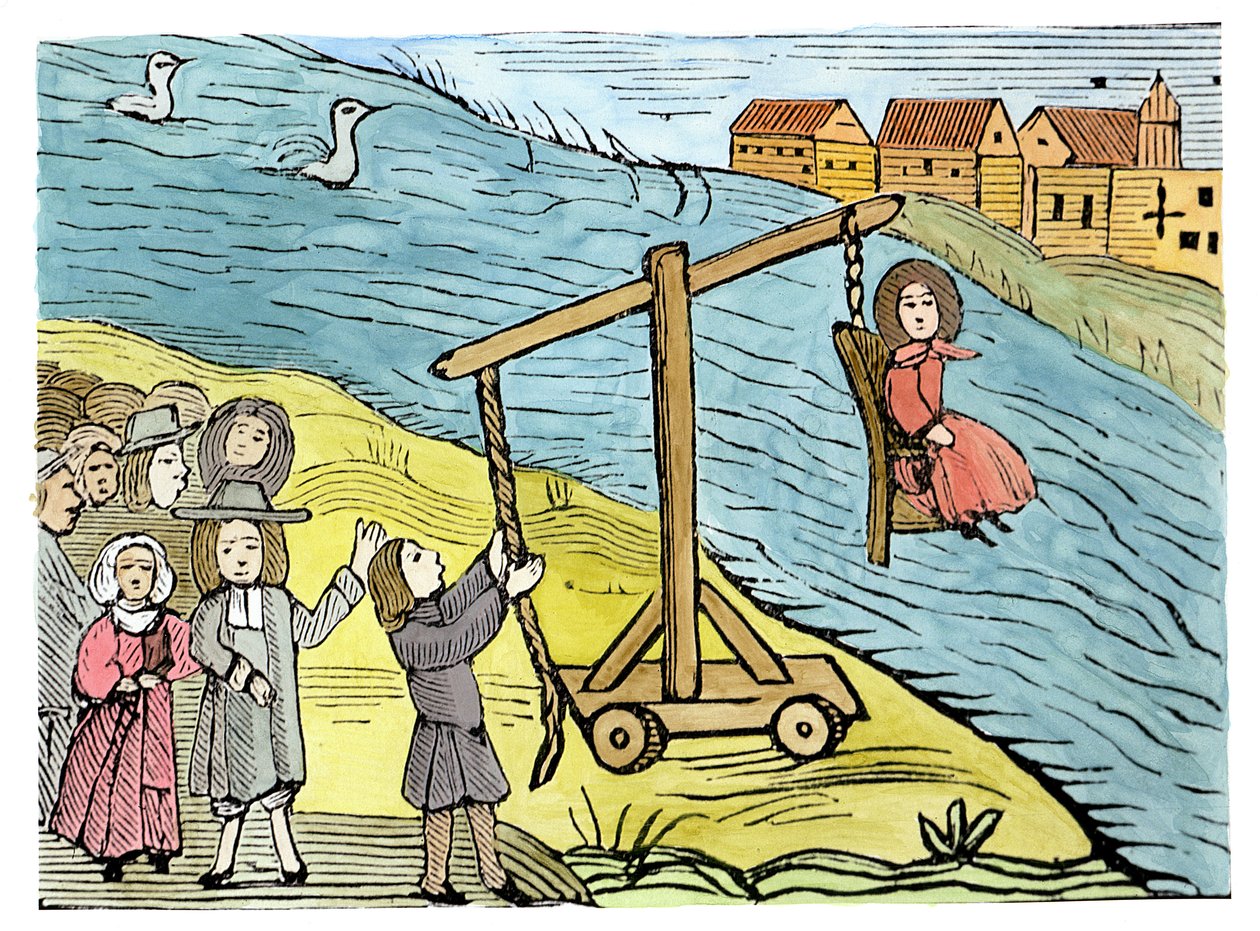 Femme sur un tabouret de canard, accusée de sorcellerie, illustration d