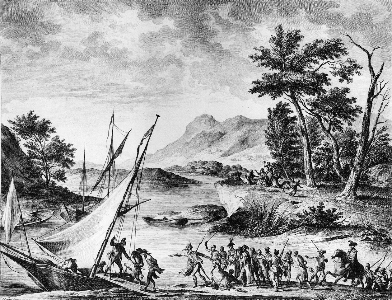 Révolution française : Arrestation des ambassadeurs français Charles Louis Huguet de Semonville (1759-1839) et Hugues Bernard Maret (1763-1839) à Novate le 25 juillet 1793. Gravure et dessin de Duplessi - Bertaux. Paris, Bibliothèque de l
