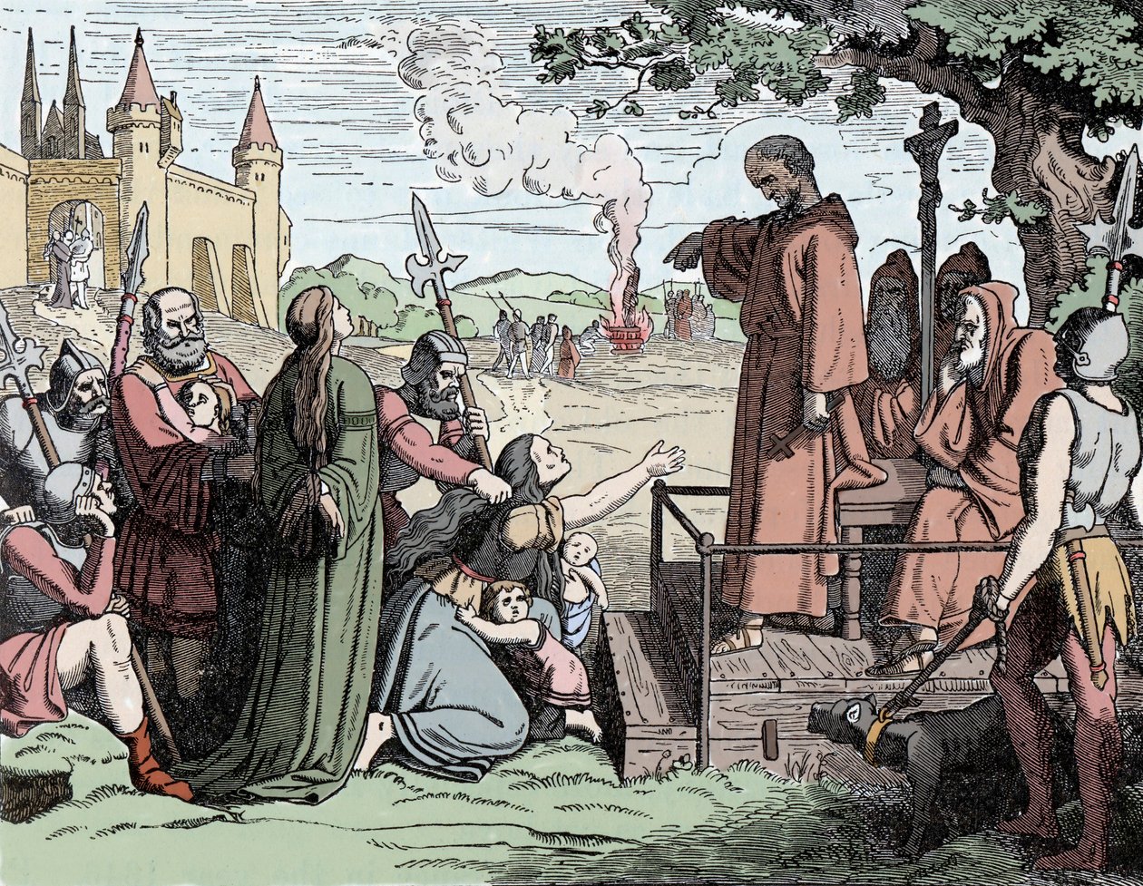 Juifs condamnés à être brûlés vifs au Moyen Âge (lithographie couleur) - School French
