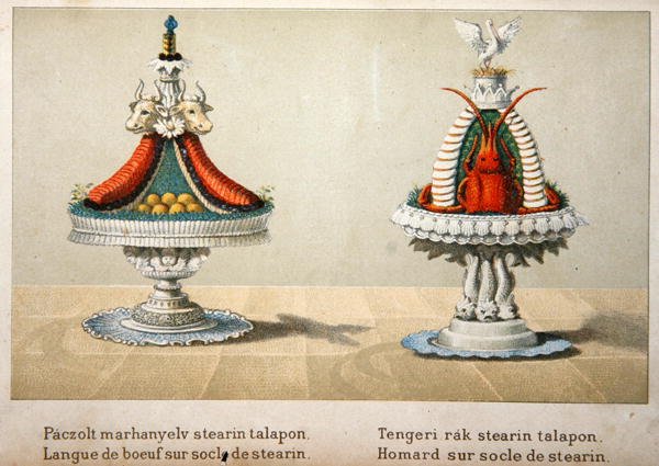 Conception pour la présentation de la langue de bœuf sur un lit de stéarine et pour le homard, illustration d
